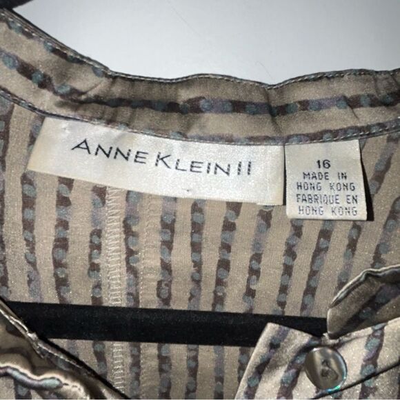 Vintage Anne Klein II Stripe Print Loop Button Front Silk Shirt Blouse Tunic Top - Picture 5 of 9